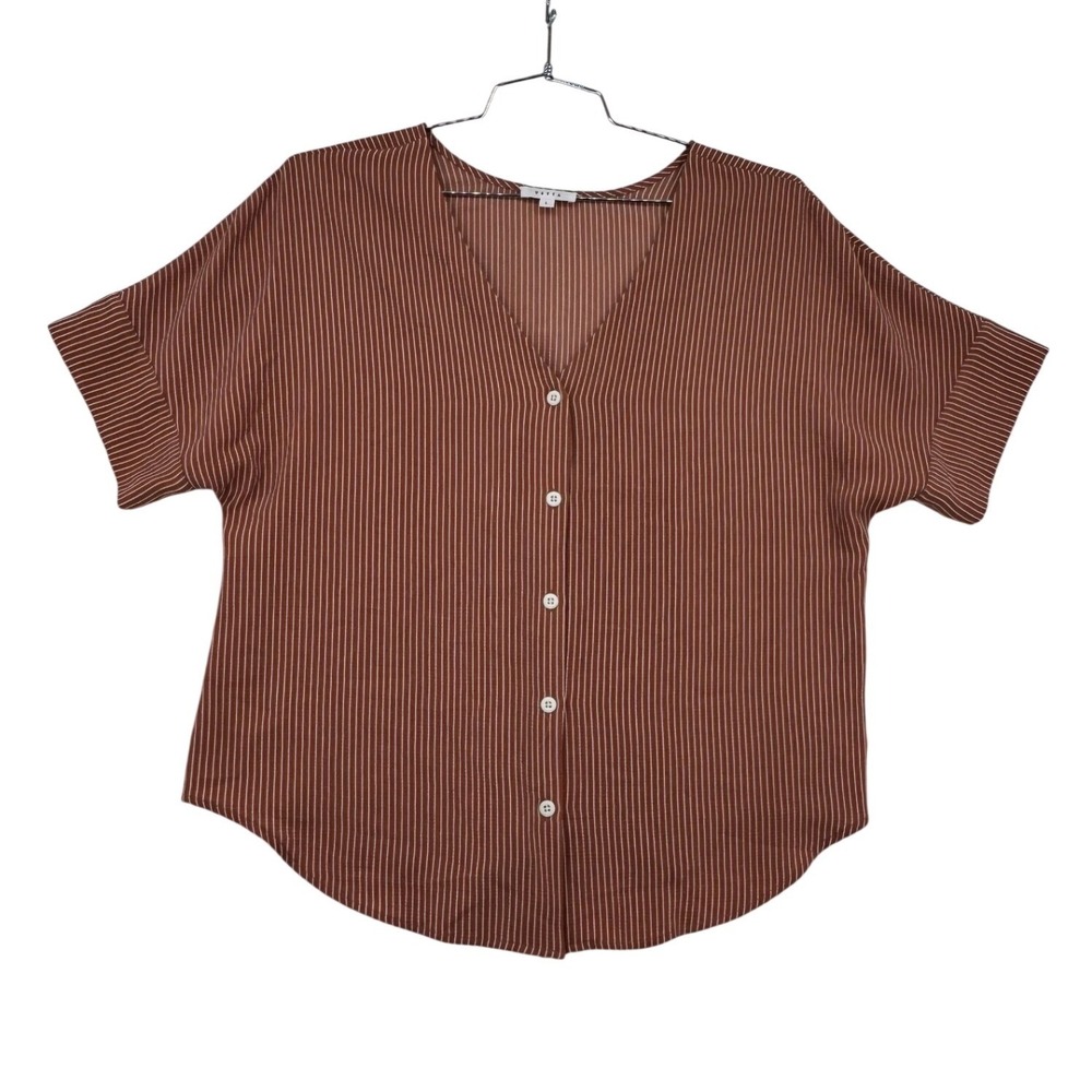 VETTA Girlfriend Shirt Womens L Brown Pinstripe Excellent Short Sleeve Button Up